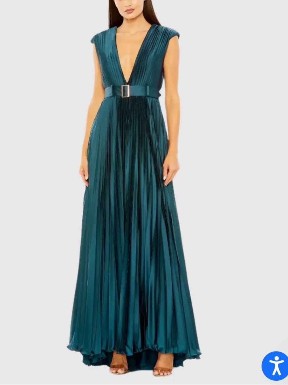 IEENA FOR MAC DUGGAL Teal Plunge V-Neck Pleated Maxi Dress with Belt